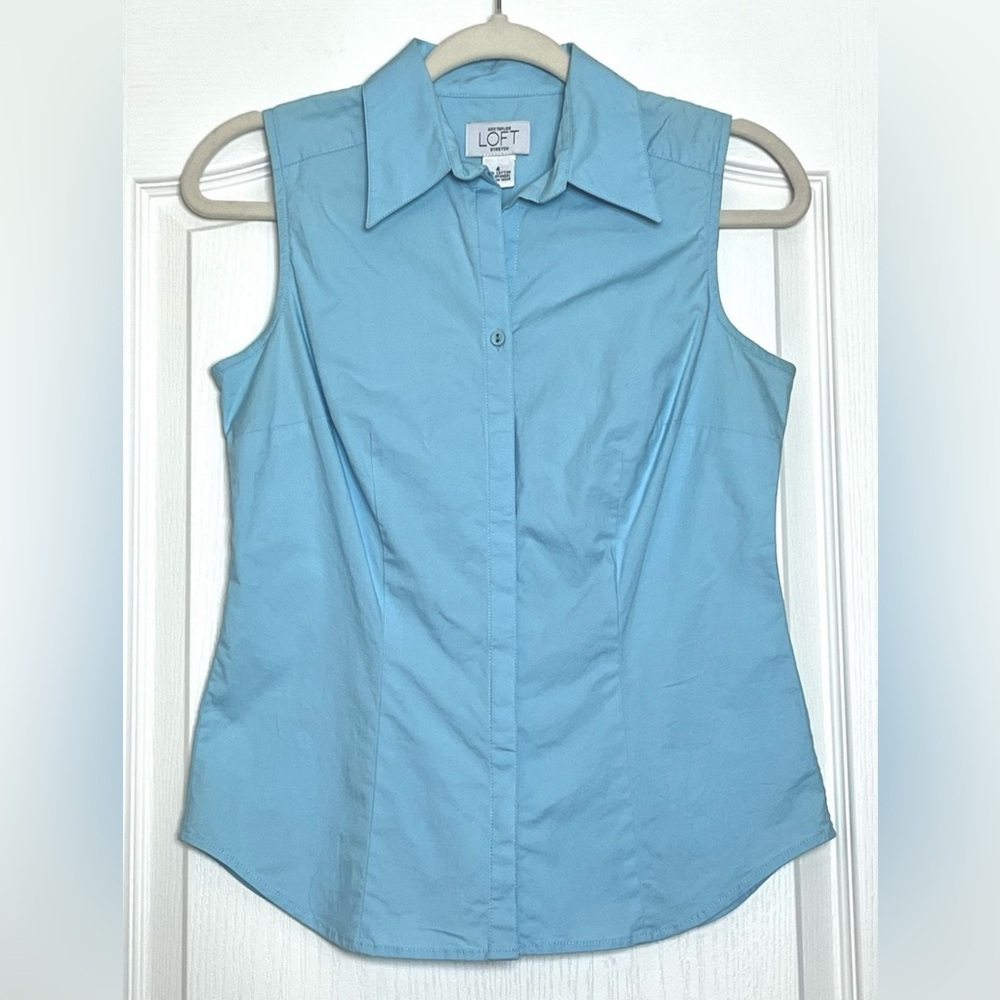 Vintage Ann Taylor Loft Collared Sleeveless Top Size 4 Blue Button Up Cotton